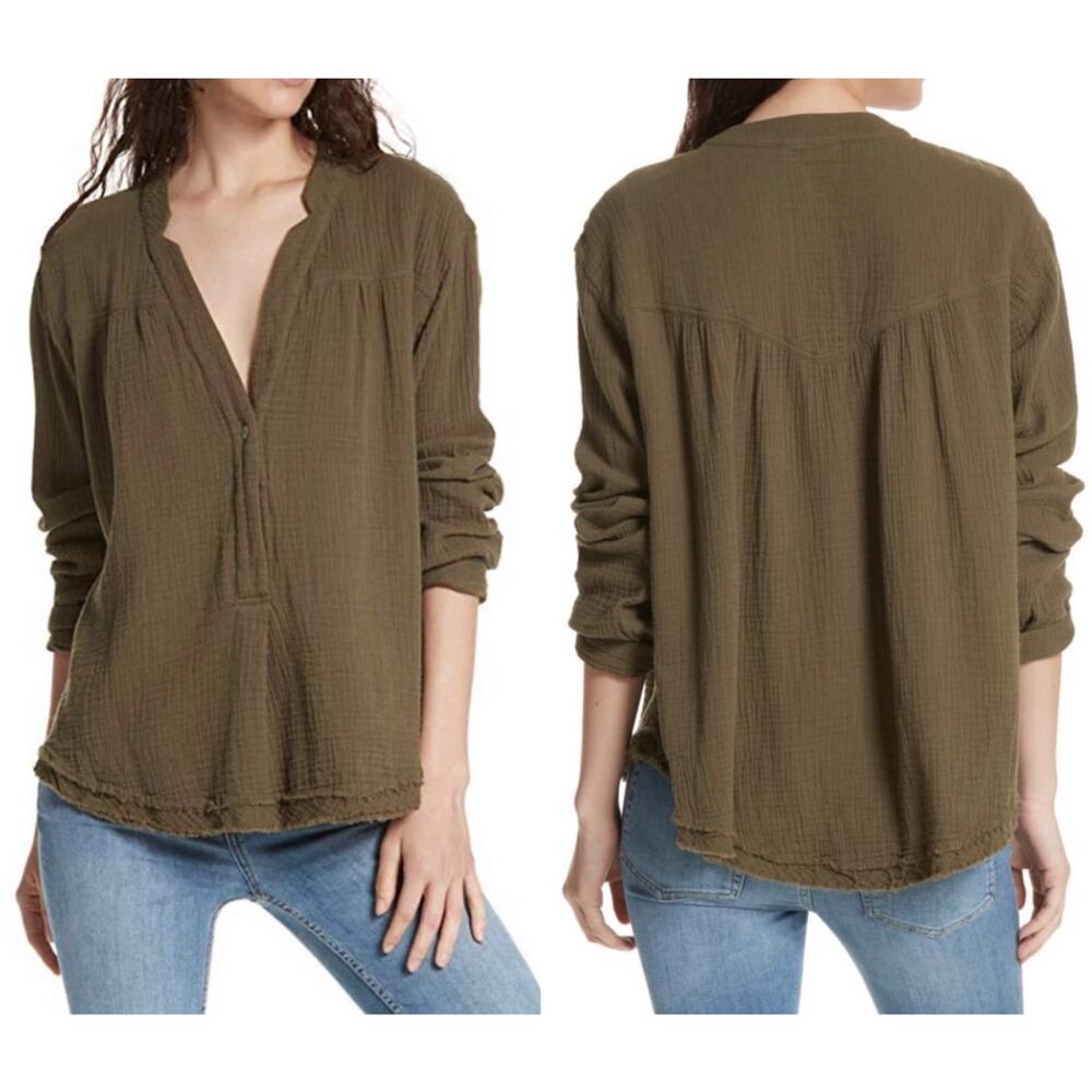 Free People Changing Horizons Gauze Cotton Oversized Boxy Boho V-Neck Top Small